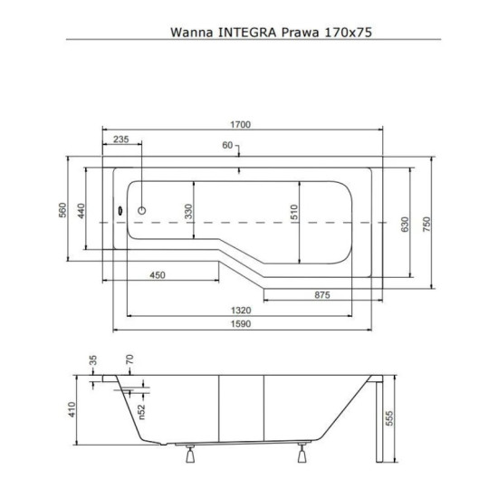 Ванна акрилова INTEGRA 170х75 Права (соло) без ніг