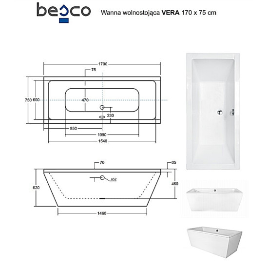 Ванна VERA ретро 180х80 з сифоном і обудовою