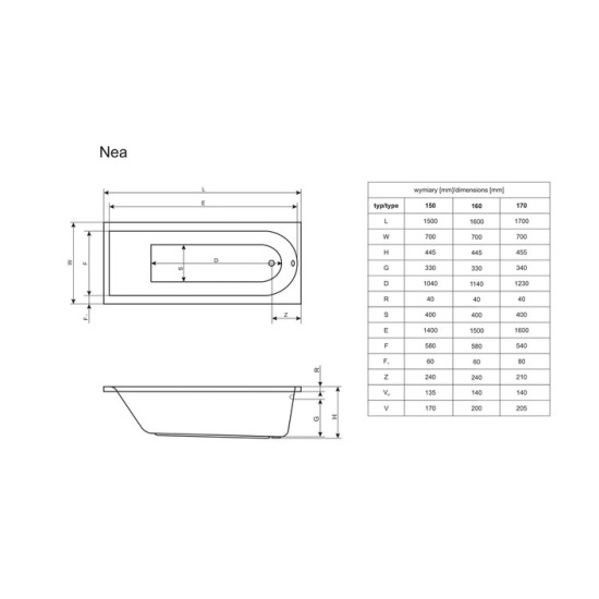 Ванна прямокутна з сифоном NEA 170x70 RADAWAY