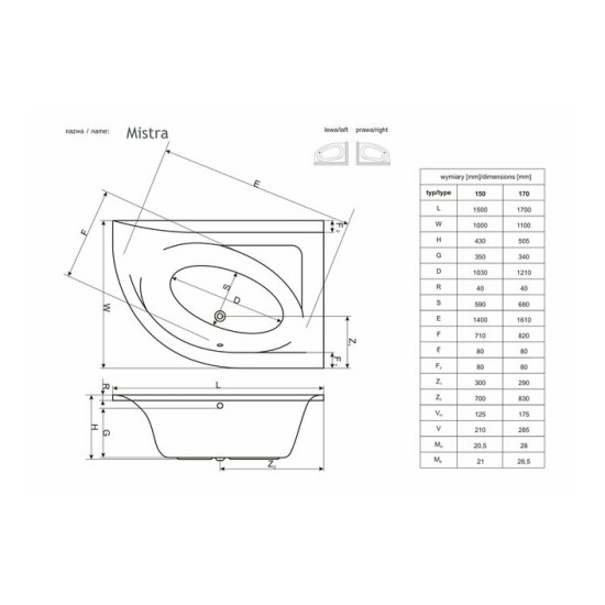 Ванна асиметрична права Mistra 170x110 P, RADAWAY