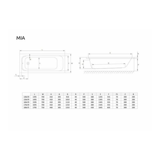 Ванна прямокутна з сифоном MIA 170x70 RADAWAY