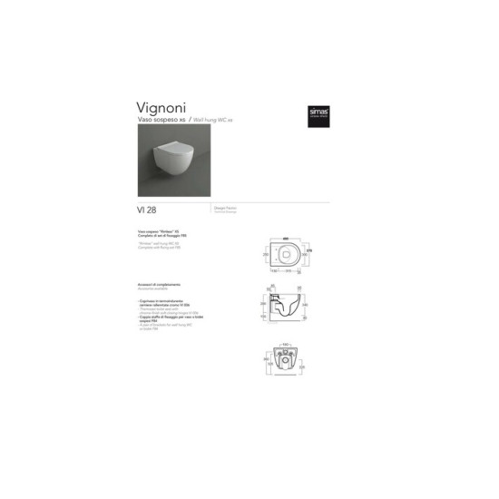 Унітаз підвісний Vignoni XS Rimless з кришкою soft-close VI28-F85-VI006XS Glossy White SIMAS