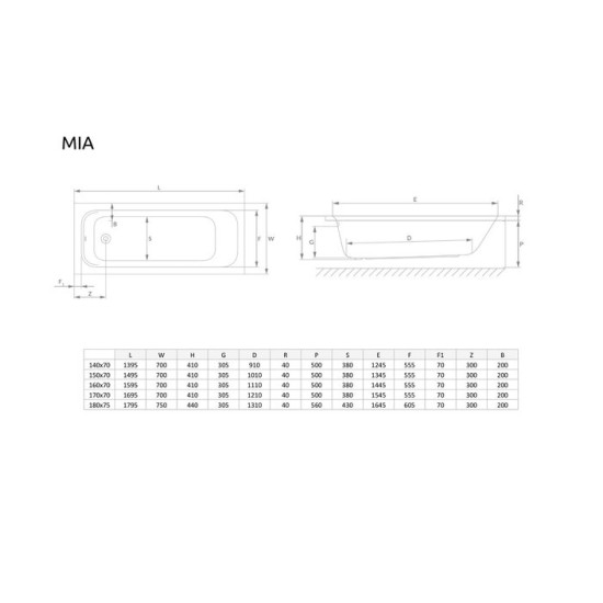 Ванна прямокутна з сифоном MIA 180x75 RADAWAY