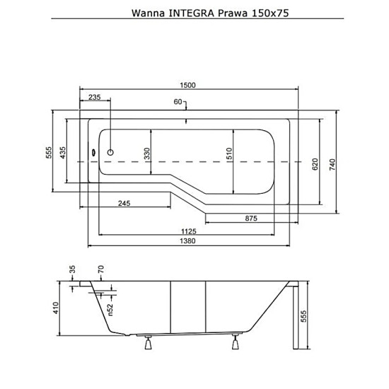 Ванна акрилова INTEGRA 150х75 Права (соло) без ніг