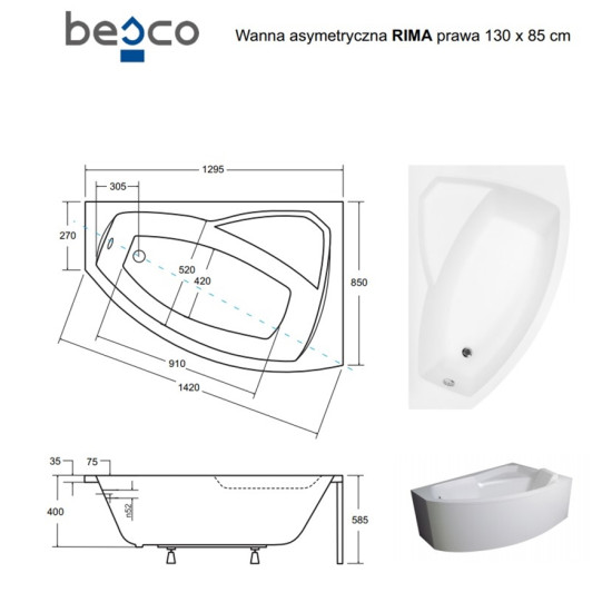 Ванна акрилова RIMA 130х85 Права (соло) без ніг
