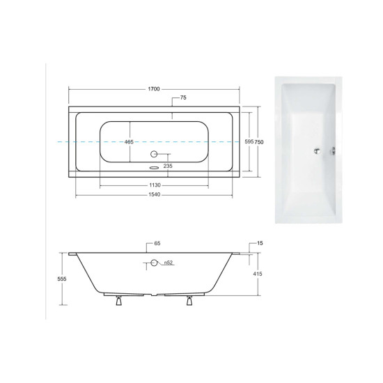 Ванна акрилова QUADRO SLIM 170х75 без ніг, БЕЗ отворів під ручки, без ручок