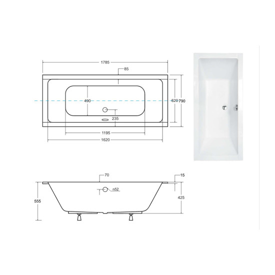 Ванна акрилова QUADRO SLIM 180х80 без ніг / БЕЗ отворів під ручки / без ручок