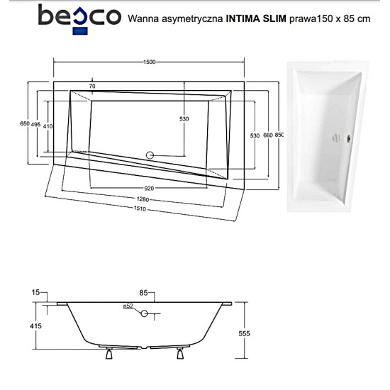 Ванна акрилова INTIMA SLIM 150х85 Права (соло) без ніг