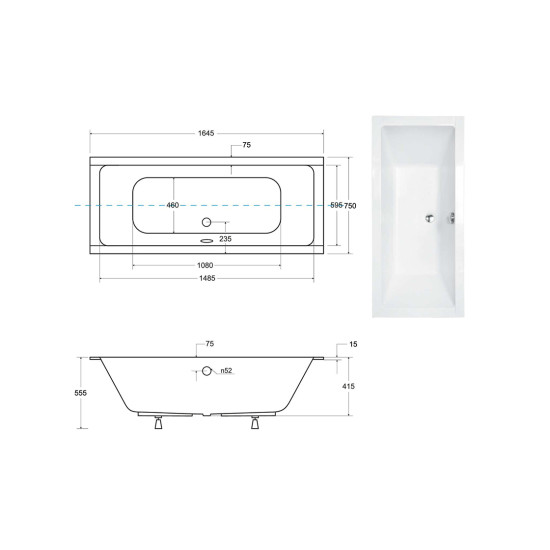 Ванна акрилова QUADRO SLIM 165х75 без ніг, БЕЗ отворів під ручки, без ручок
