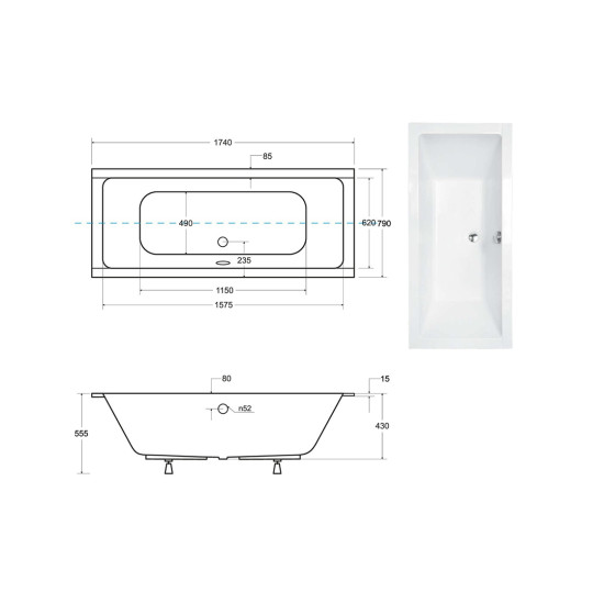Ванна акрилова QUADRO SLIM 175х80 без ніг, БЕЗ отворів під ручки, без ручок