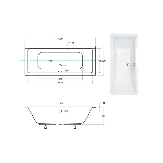Ванна акрилова QUADRO SLIM 190х90 без ніг, БЕЗ отворів під ручки, без ручок