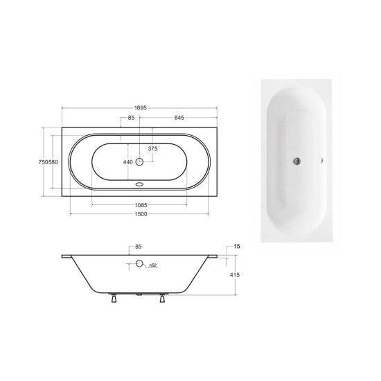 Ванна акрилова VITAE SLIM 170х75 (соло) без ніг