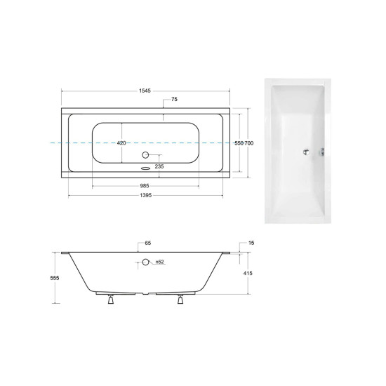 Ванна акрилова QUADRO SLIM 155х70 без ніг, БЕЗ отворів під ручки, без ручок