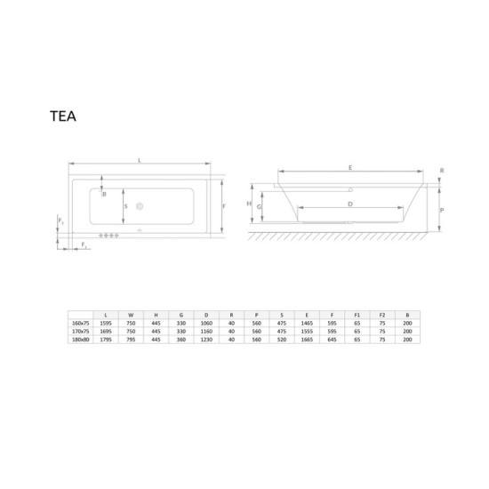 Ванна прямокутна TEA 180x80, RADAWAY