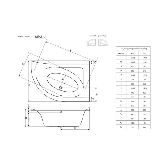 Ванна асиметрична права Mistra 150x100 P, RADAWAY